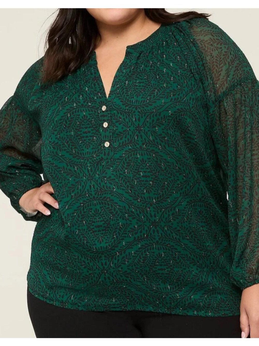 Lane Bryant PLUS Size 22 Green Lurex Shimmer Split-Neck Popover Top Blouse